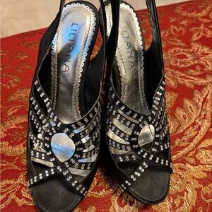 Liliana Black Open-Toe Rhinestone Slingback Heels